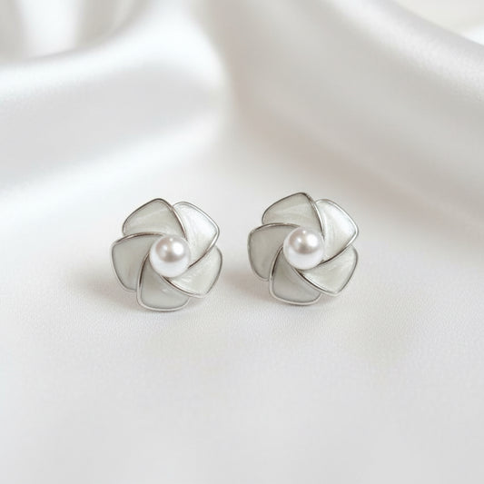 Elegant Camellia Blossom Pearl Stud Earrings – Cream Enamel Floral Design