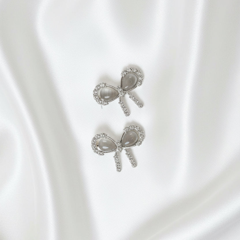 Silver-Tone Bow Earrings with Cat-Eye Center & Crystal Pavé