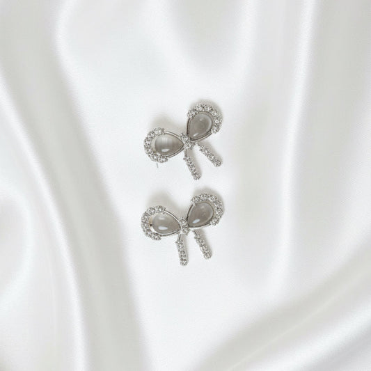 Silver-Tone Bow Earrings with Cat-Eye Center & Crystal Pavé