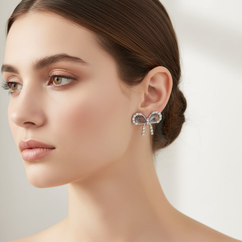 Silver-Tone Bow Earrings with Cat-Eye Center & Crystal Pavé