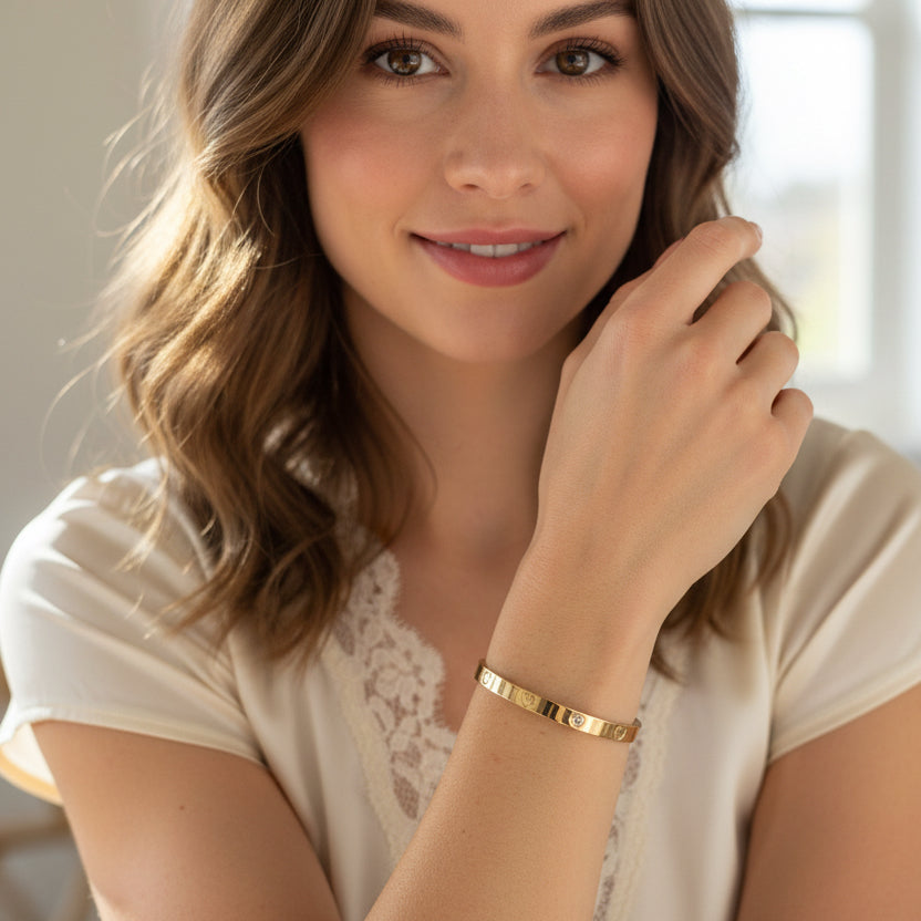 Gold Heart Bangle with Sparkling Crystals– Romantic Gift for Her