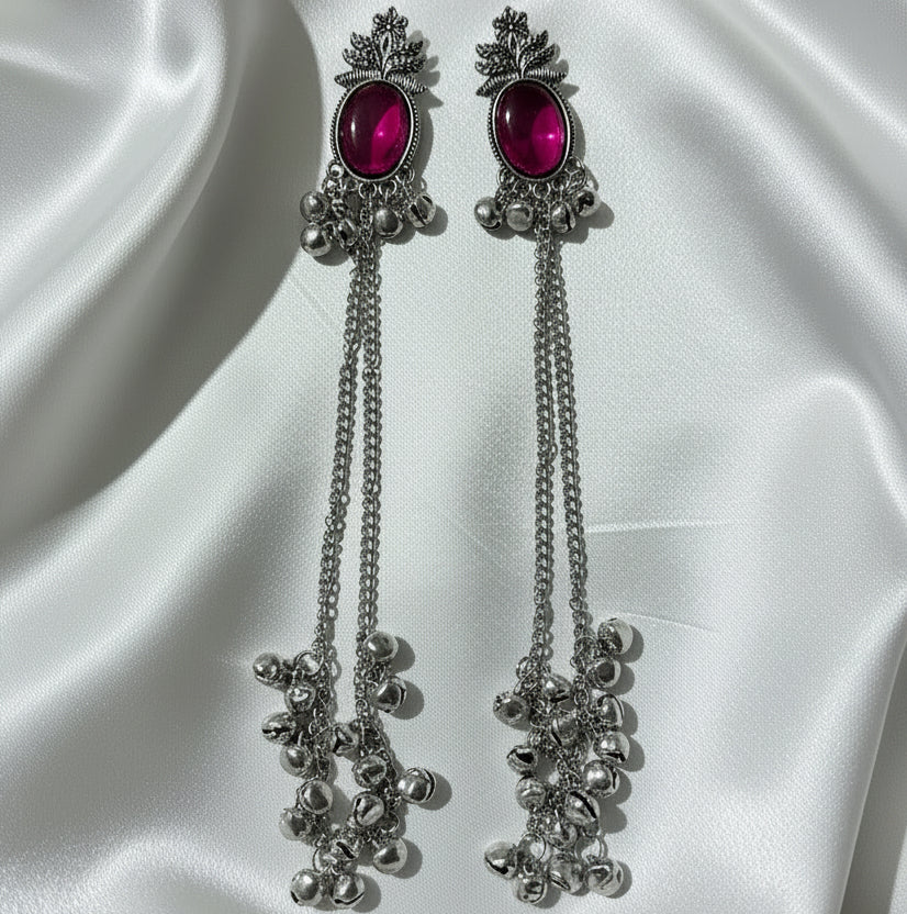 Oxidized Silver Long Chain Jhumka Earrings with Sky Blue Stone & Ghungroo Bells