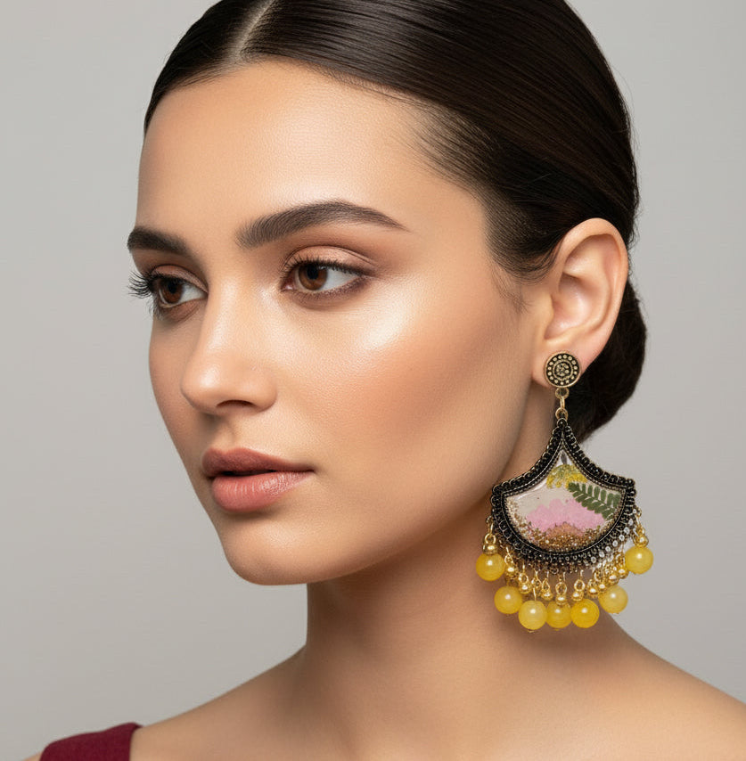 Ethnic Black & Gold Jhumka Chandelier Earrings | Pink Pressed Flower Inlay & Bright Yellow Bead Dangles