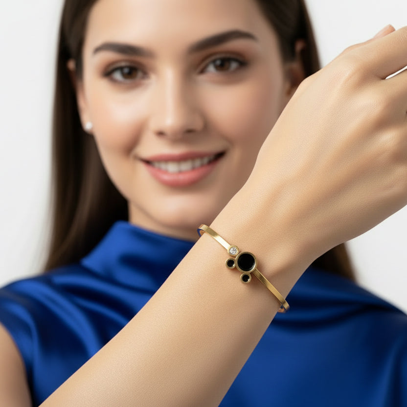 Elegant Gold Mickey Mouse- Black Enamel & Crystal Accent Bracelet