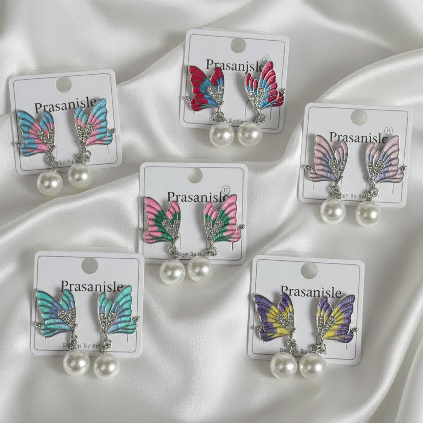 Enamel Butterfly Pearl Drop Earrings | Colorful Monarch Wings Jewelry