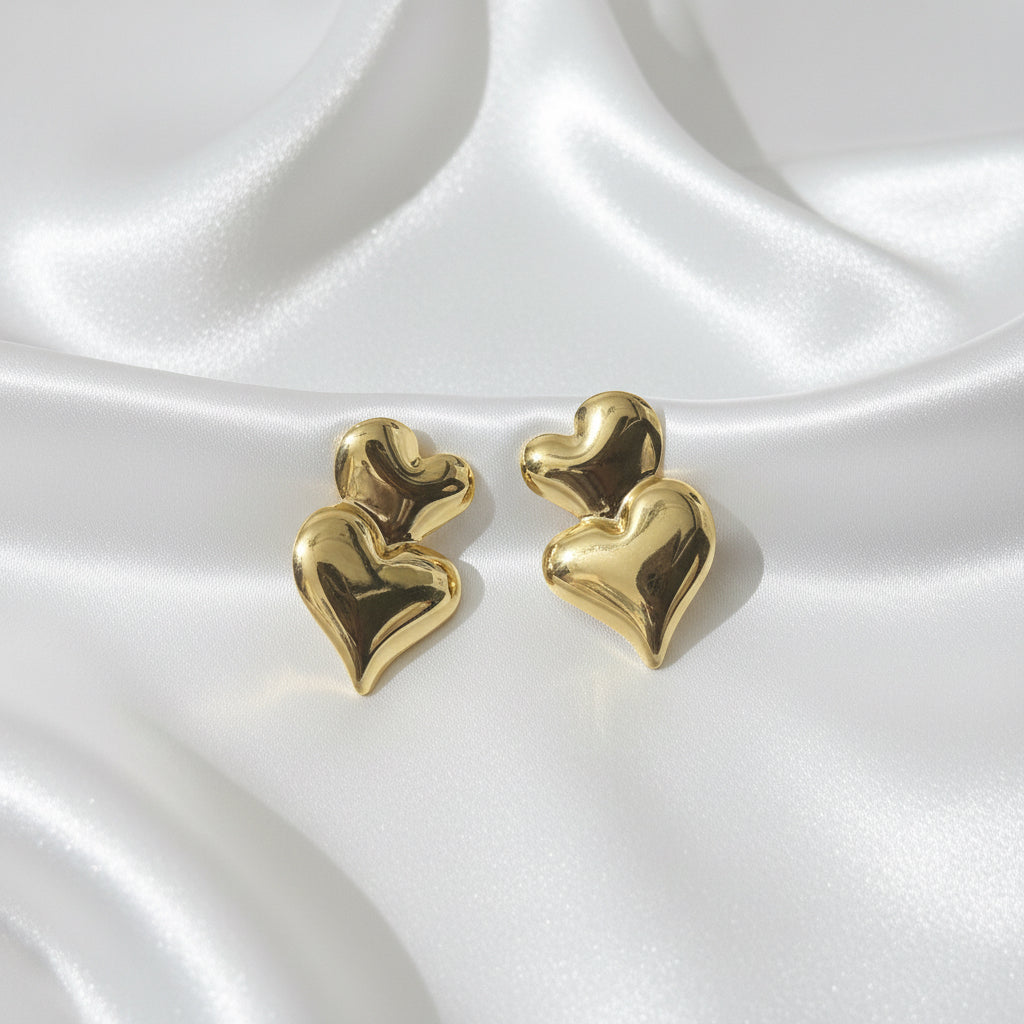 Golden Double Heart Stud Earrings - High-Polish Stainless Steel