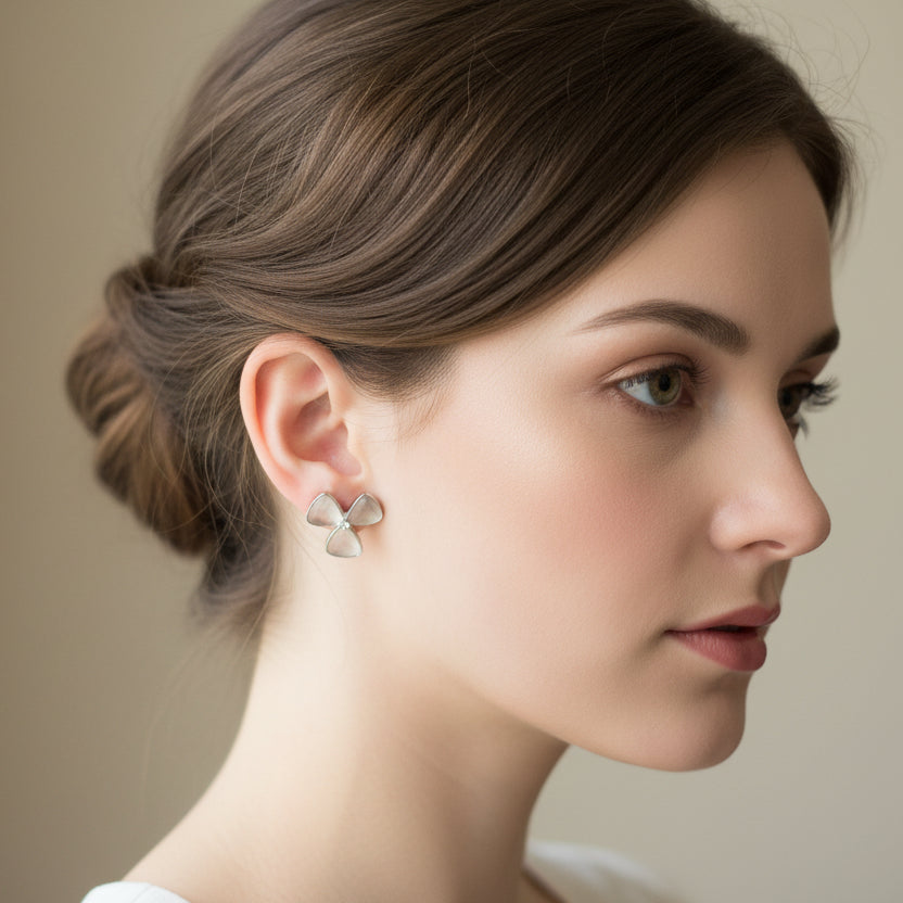 Shimmering Cat-Eye Petal Studs | Silver-Tone Floral Cluster Earrings