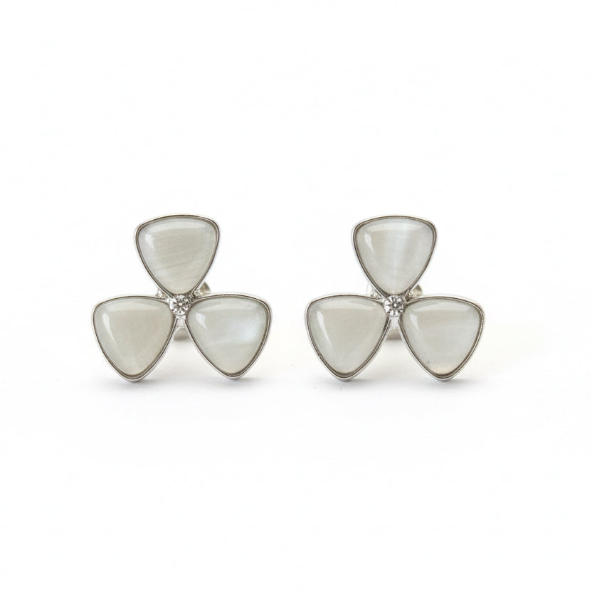 Shimmering Cat-Eye Petal Studs | Silver-Tone Floral Cluster Earrings