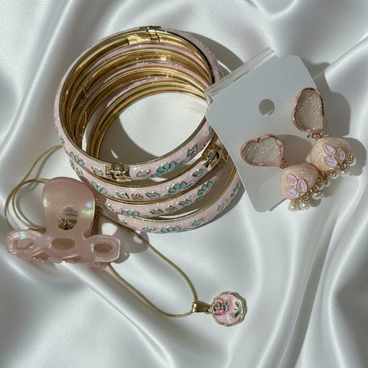 Pastel Blush Enamel Bangle Set – Floral Vine Inlay with Gold Tones