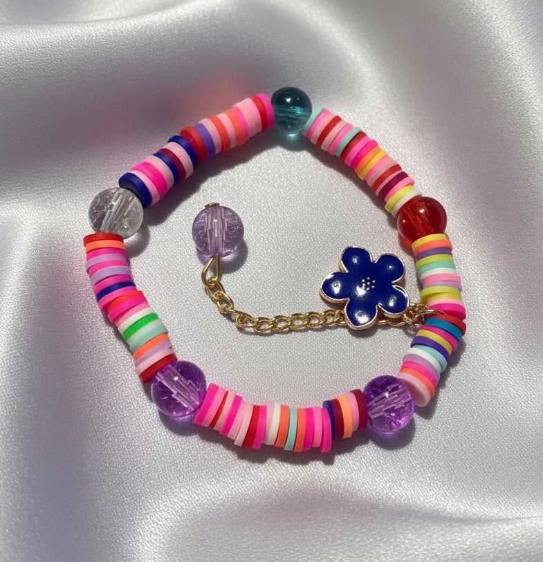 Colorful Heishi Disc Bead Bracelet with Groovy Blue Flower Charm