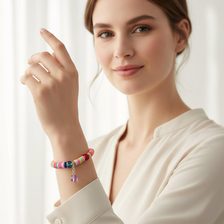 Colorful Heishi Disc Bead Bracelet with Groovy Blue Flower Charm