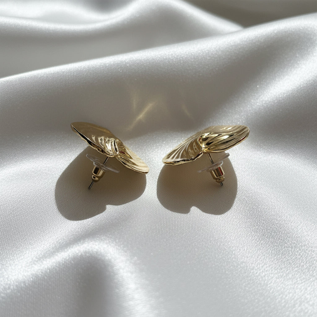 Vintage-Inspired Ribbed Gold Heart Stud Earrings