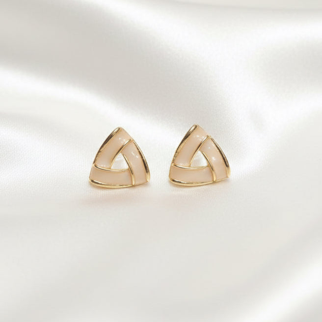 Chic Geometric Enamel Stud Earrings – Minimalist Gold-Trimmed Triangle Earrings in Cream