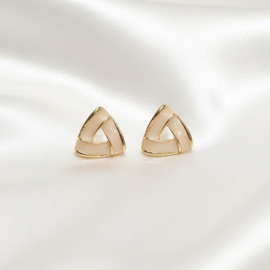 Chic Geometric Enamel Stud Earrings – Minimalist Gold-Trimmed Triangle Earrings in Cream