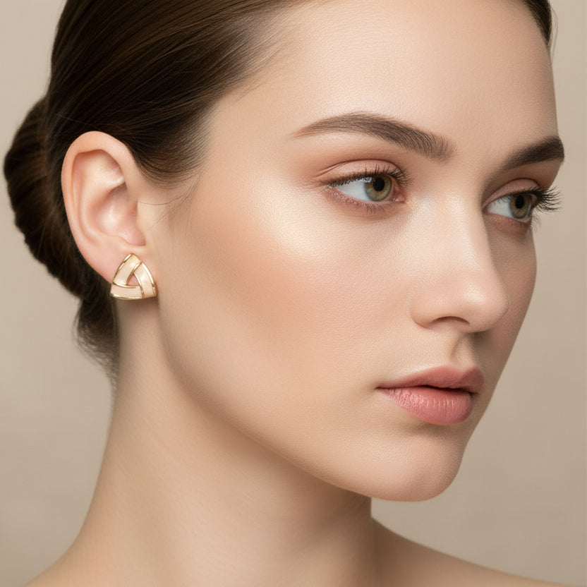 Chic Geometric Enamel Stud Earrings – Minimalist Gold-Trimmed Triangle Earrings in Cream