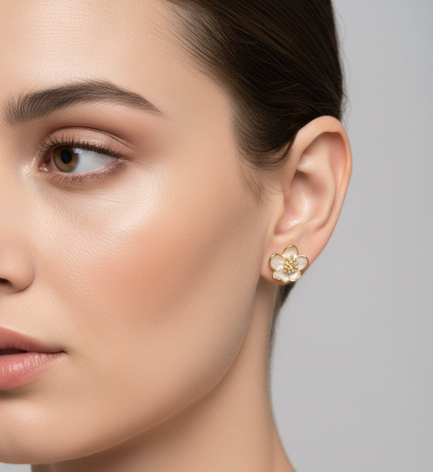 Elegant White Enamel Floral Stud Earrings