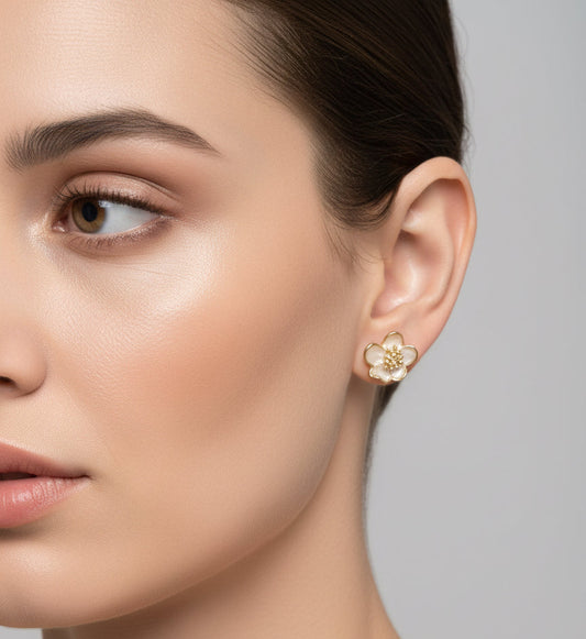 Elegant White Enamel Floral Stud Earrings