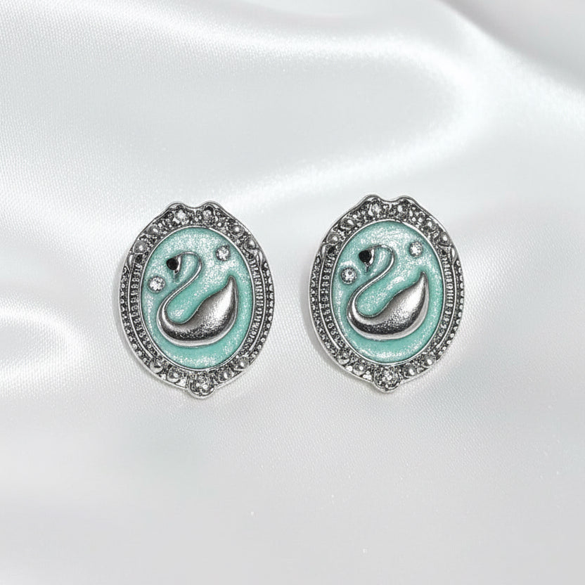 Korean Fashion Swan Motif Oval Studs with Crystal Halo