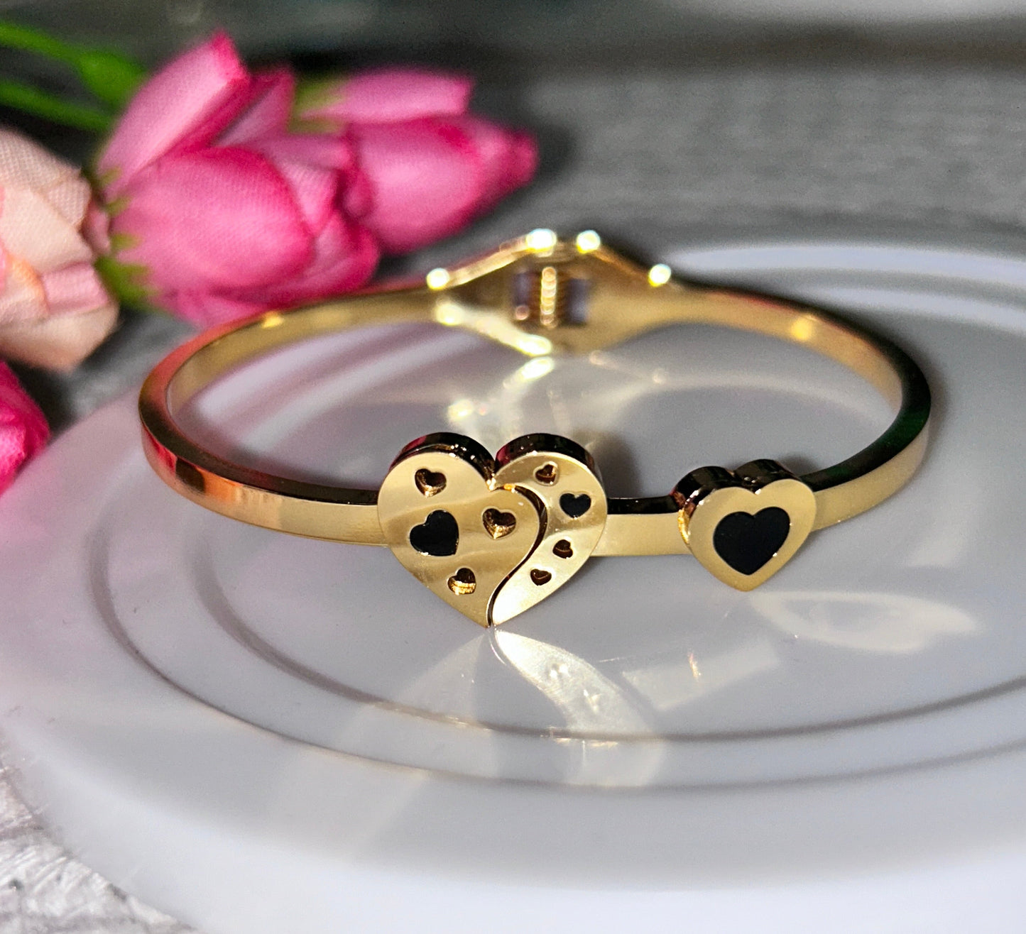 Golden Heart Duo Bangle Bracelet - Perfect Gift for Her (Free size)