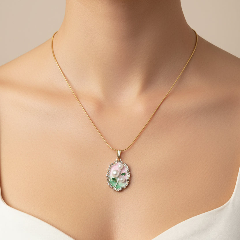 Vintage Style Pastel Enamel Floral Necklace - Pink & Green Flower Pendant with Faux Pearls - Gold Tone Snake Chain