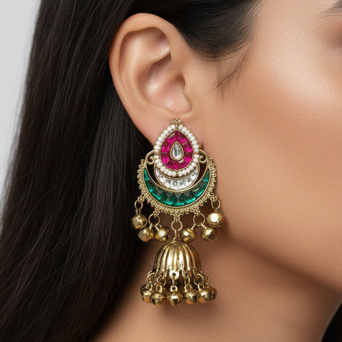 Traditional Chandbali Jhumkas with Kundan Work and Ghungroo Drops