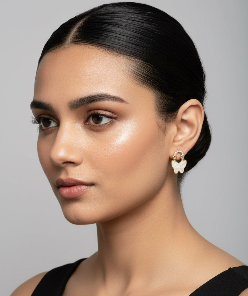 Gift for Her: Delicate Enamel Butterfly Hoop Earrings (Cream White)