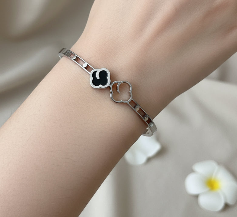 Stainless Steel Lucky Cloud Bangle Bracelet | Silver-Tone Ruyi Charm Cuff (free size)