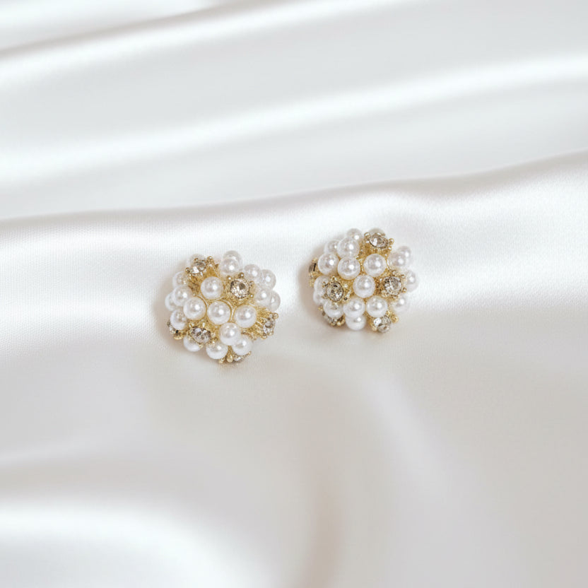 Pearl and Zirconia Bouquet Earrings | Gold-Tone Cluster Studs