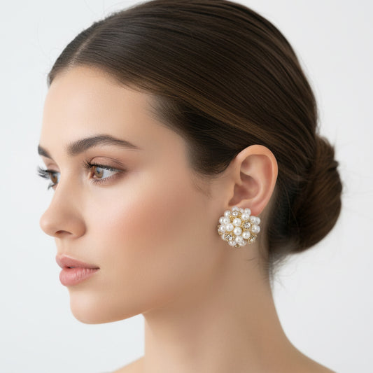 Pearl and Zirconia Bouquet Earrings | Gold-Tone Cluster Studs