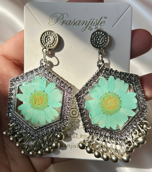 Handmade Resin Flower Earrings with German Silver Jhumkas | Boho & Ethnic Jewelry