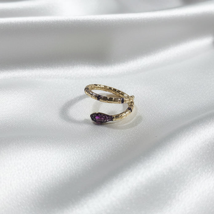 Vintage-Style Gold Snake Wrap Ring with Purple Amethyst-Tone Crystals(Free size)