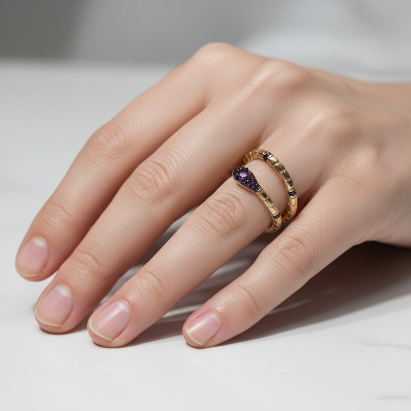 Vintage-Style Gold Snake Wrap Ring with Purple Amethyst-Tone Crystals(Free size)