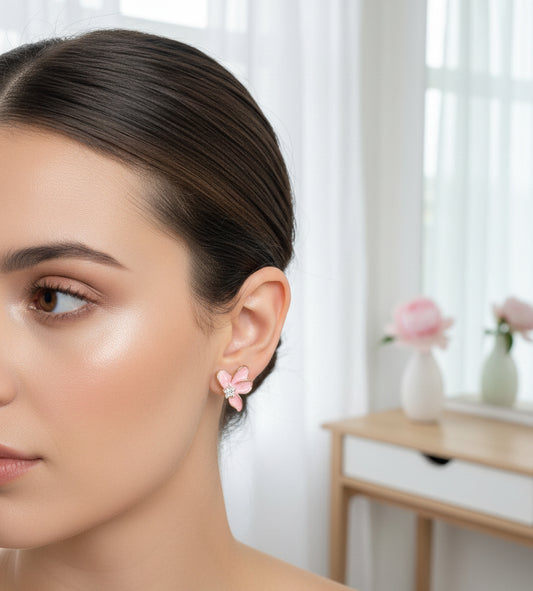 Dainty Pink Enamel Flower Stud Earrings with Crystal Center