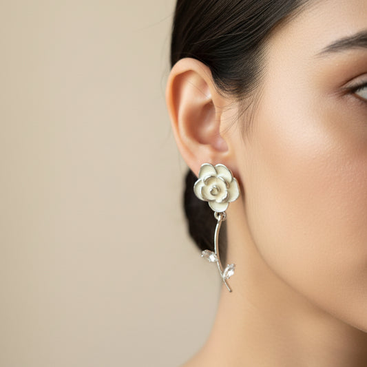 Elegant Floral Drop Earrings: The "White Rose"