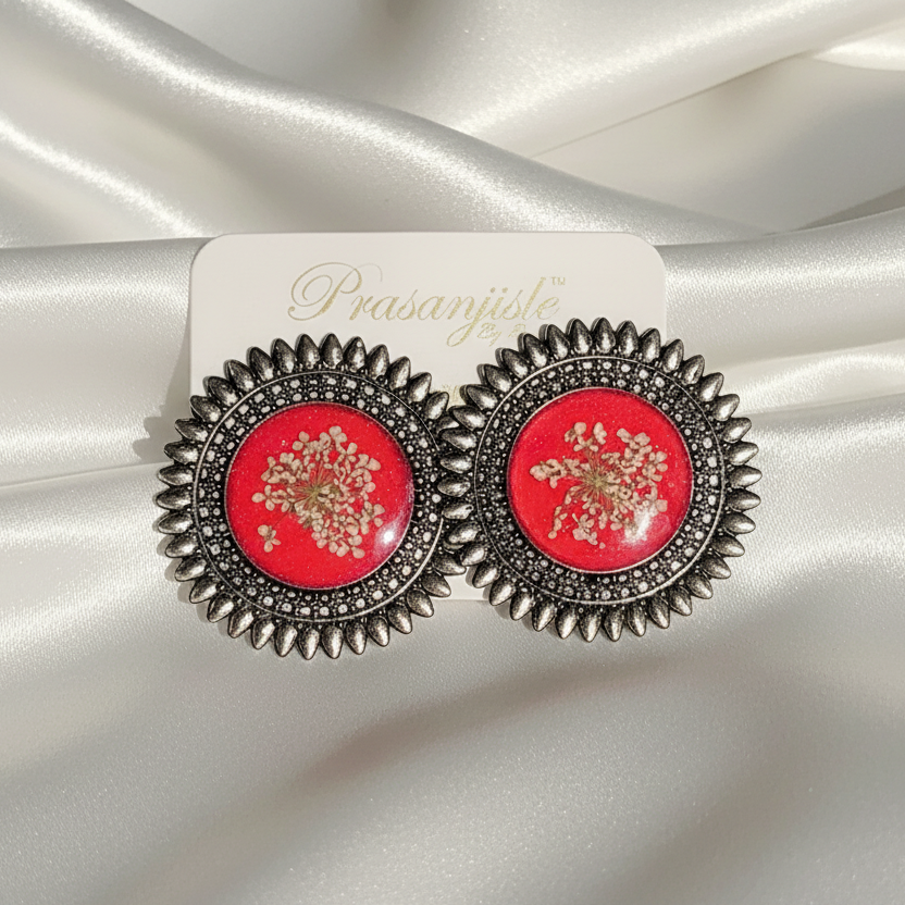 Boho Oxidized Silver Red Floral Stud Earrings – Real Pressed Flowers