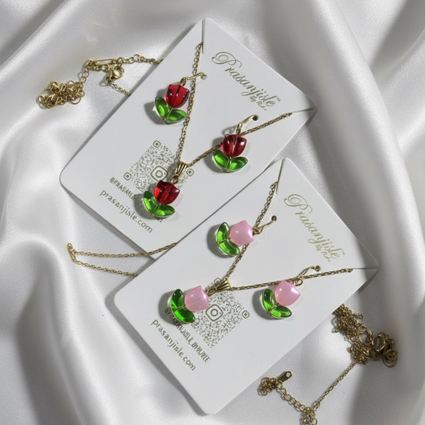 Glass Tulip Jewelry Set – Necklace & Earrings (Red or Pink)