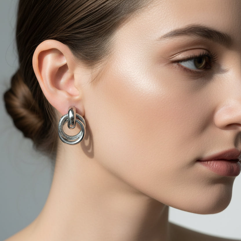 Silver Interlocking Triple Hoop Stud Earrings – Textured & Polished Finish