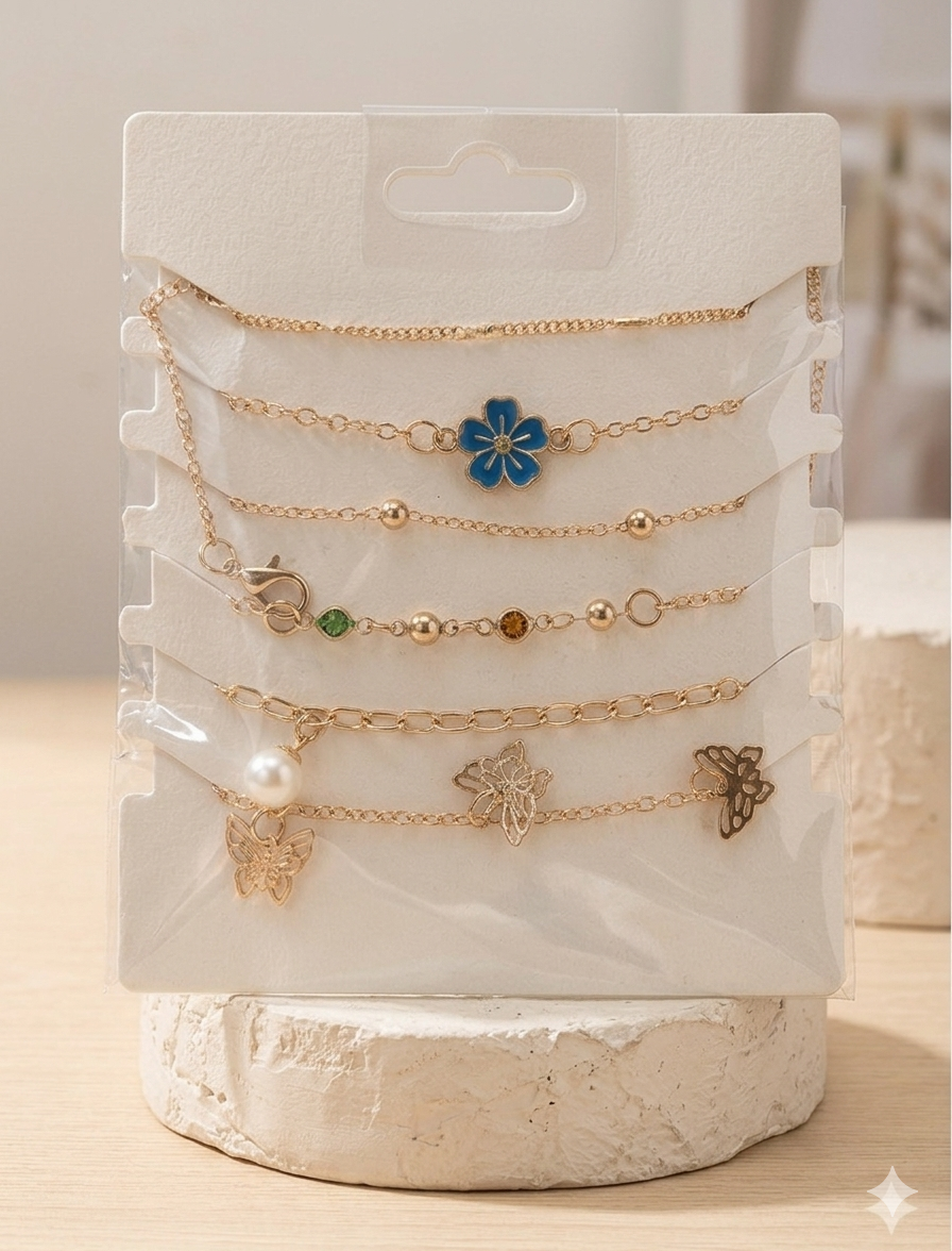 Blue Flora & Golden Butterfly Layered Anklet Set