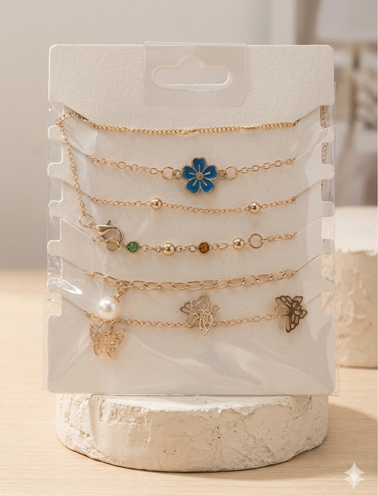 Blue Flora & Golden Butterfly Layered Anklet Set