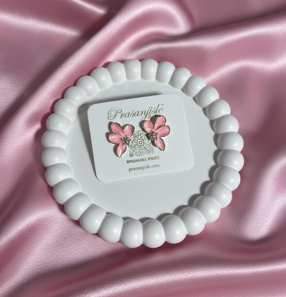 Dainty Pink Enamel Flower Stud Earrings with Crystal Center