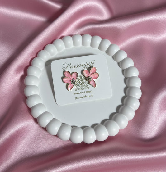 Dainty Pink Enamel Flower Stud Earrings with Crystal Center