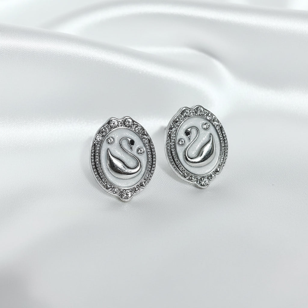 Korean Fashion Swan Motif Oval Studs with Crystal Halo