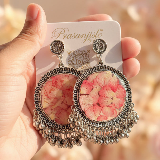 Vintage-Style Pink Rose Petal Statement Earrings – Silver Beaded