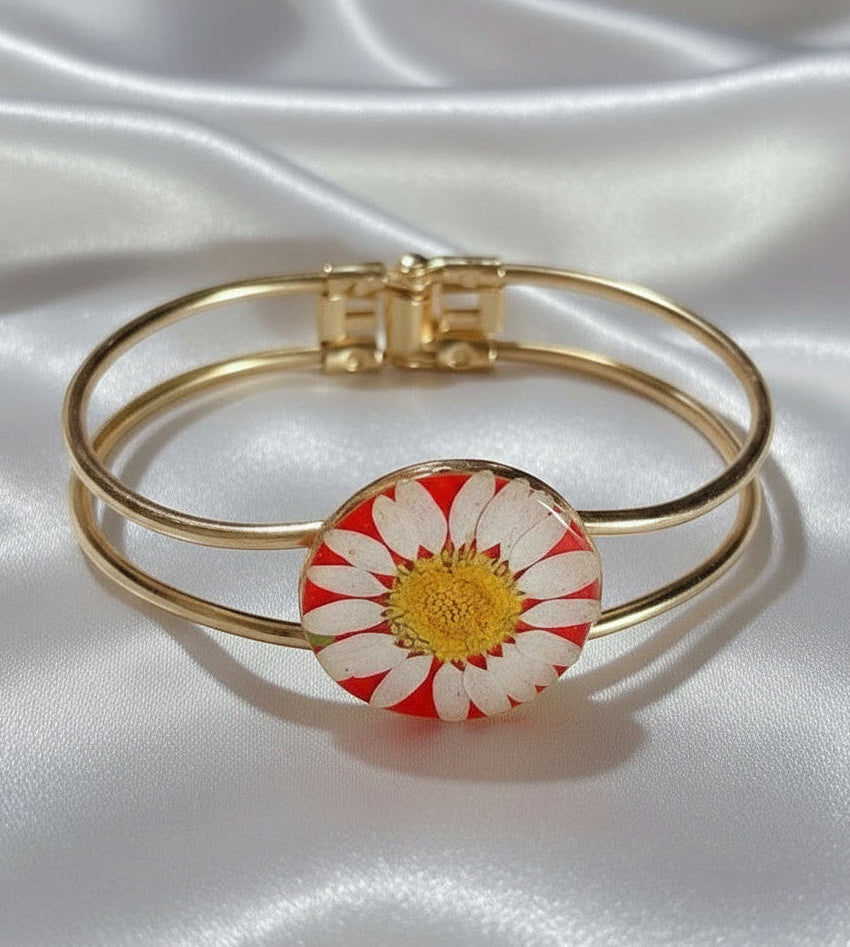 Real Flower Resin Bangle | Dainty Gold Cuff Bracelet | Unique Gift for Her