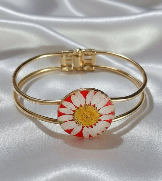 Real Flower Resin Bangle | Dainty Gold Cuff Bracelet | Unique Gift for Her