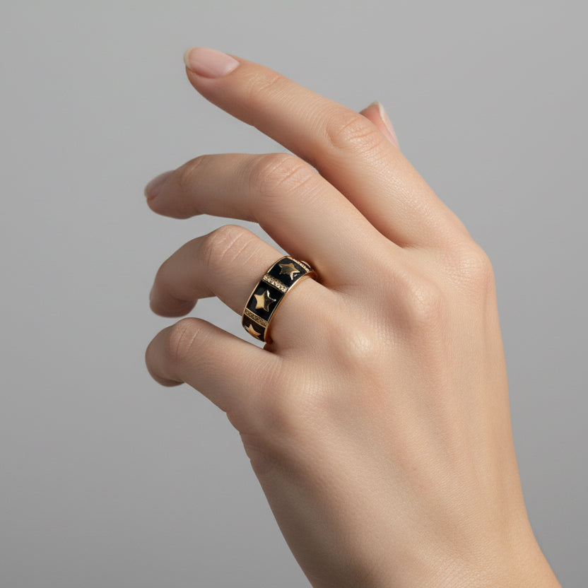 Celestial Star Band Ring | Black Enamel & Crystal Accents