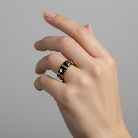 Celestial Star Band Ring | Black Enamel & Crystal Accents