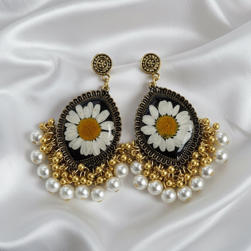 Daisy Floral Jhumka Earrings | Gold & Pearl Dangle Earrings | Ethic Fusion Floral Jewelry