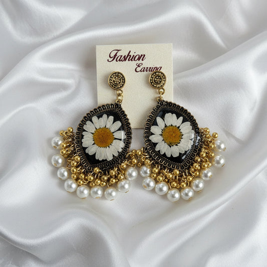 Daisy Floral Jhumka Earrings | Gold & Pearl Dangle Earrings | Ethic Fusion Floral Jewelry