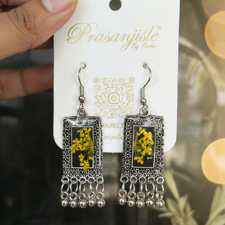Handmade Oxidized Silver Resin Earrings with Pressed Yellow Wildflowers | Vintage Bohemian Dangle Earrings